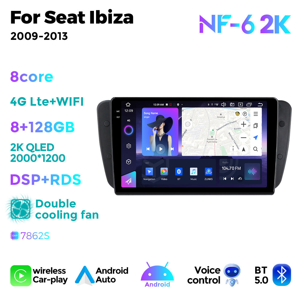 NaviFly NF Series Android 14 8G+256G 2K QLED screen CarPlay Auto DSP RDS 4GLte WIFI For Seat Ibiza 2009-2013 9inch