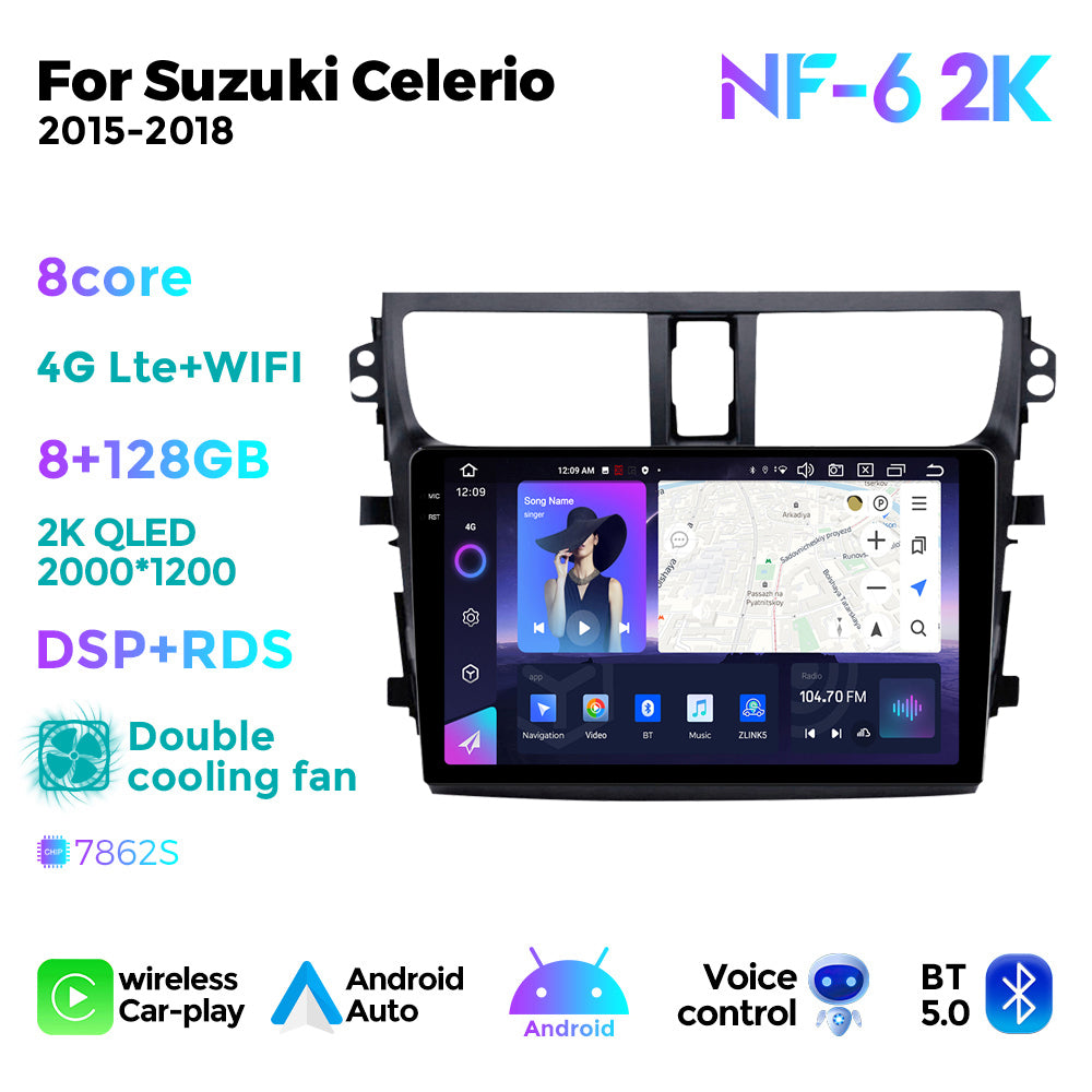 NaviFly NF Series Android 14 8G+256G 2K QLED screen CarPlay Auto DSP RDS 4GLte WIFI For Suzuki Celerio 2015-2018 9inch