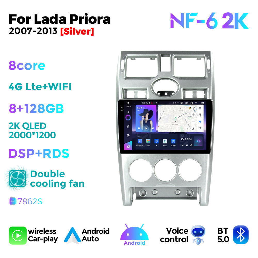 NaviFly NF Series Android 14 8G+256G 2K QLED screen CarPlay Auto DSP RDS 4GLte WIFI For Lada Priora 2007-2013 9inch