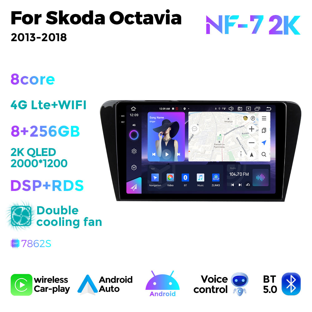 NaviFly NF Series Android 14 8G+256G 2K QLED screen CarPlay Auto DSP RDS 4GLte WIFI For Skoda Octavia 2013-2018 10inch