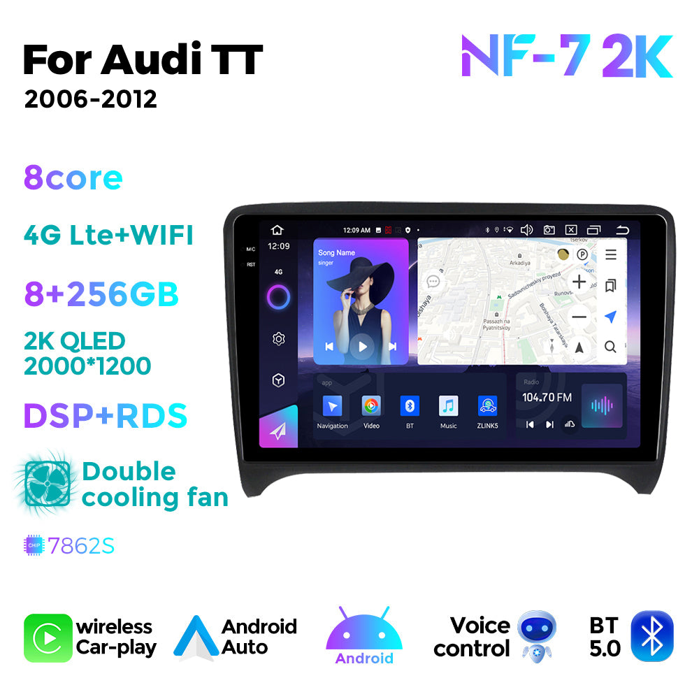 NaviFly NF Series Android 14 8G+256G 2K QLED screen CarPlay Auto DSP RDS 4GLte WIFI For Audi TT 2006-2012 9inch