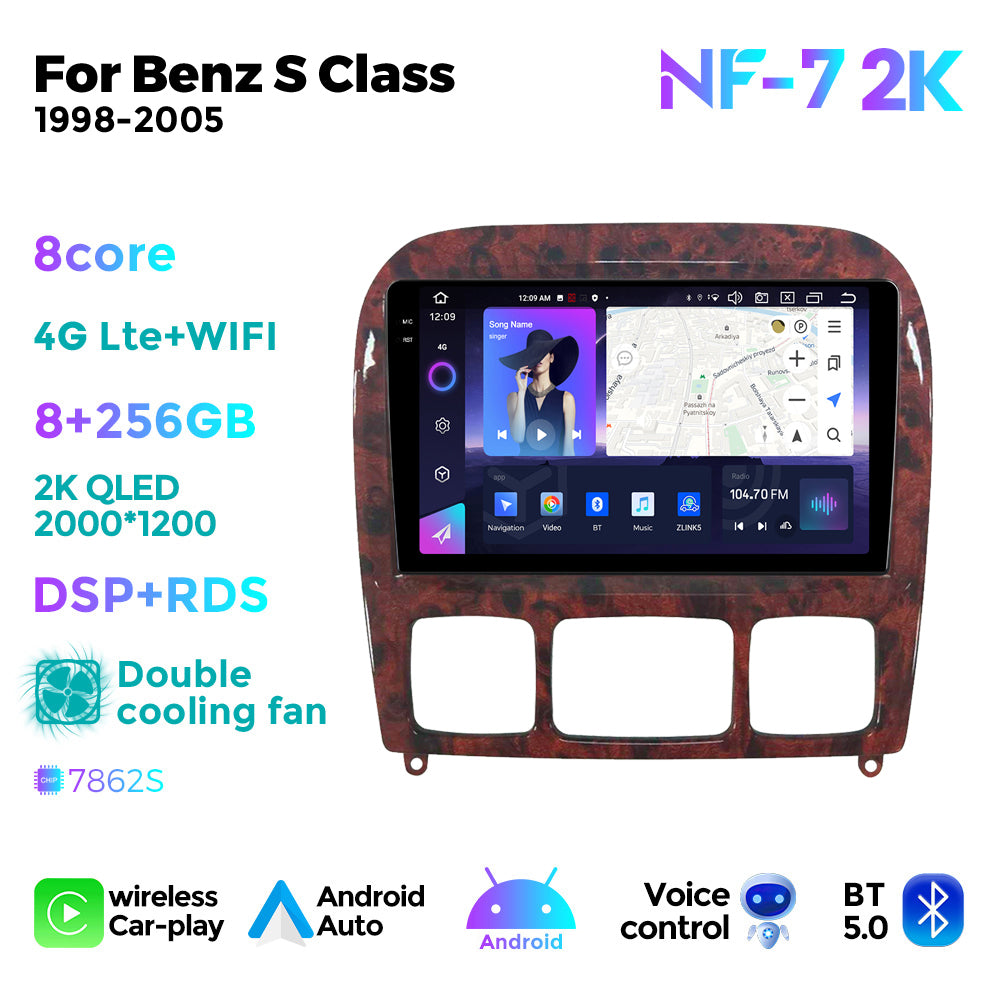 NaviFly NF Series Android 14 8G+256G 2K QLED screen CarPlay Auto DSP RDS 4GLte WIFI For Mercedes Benz S Class 1998-2005 9.5Inch