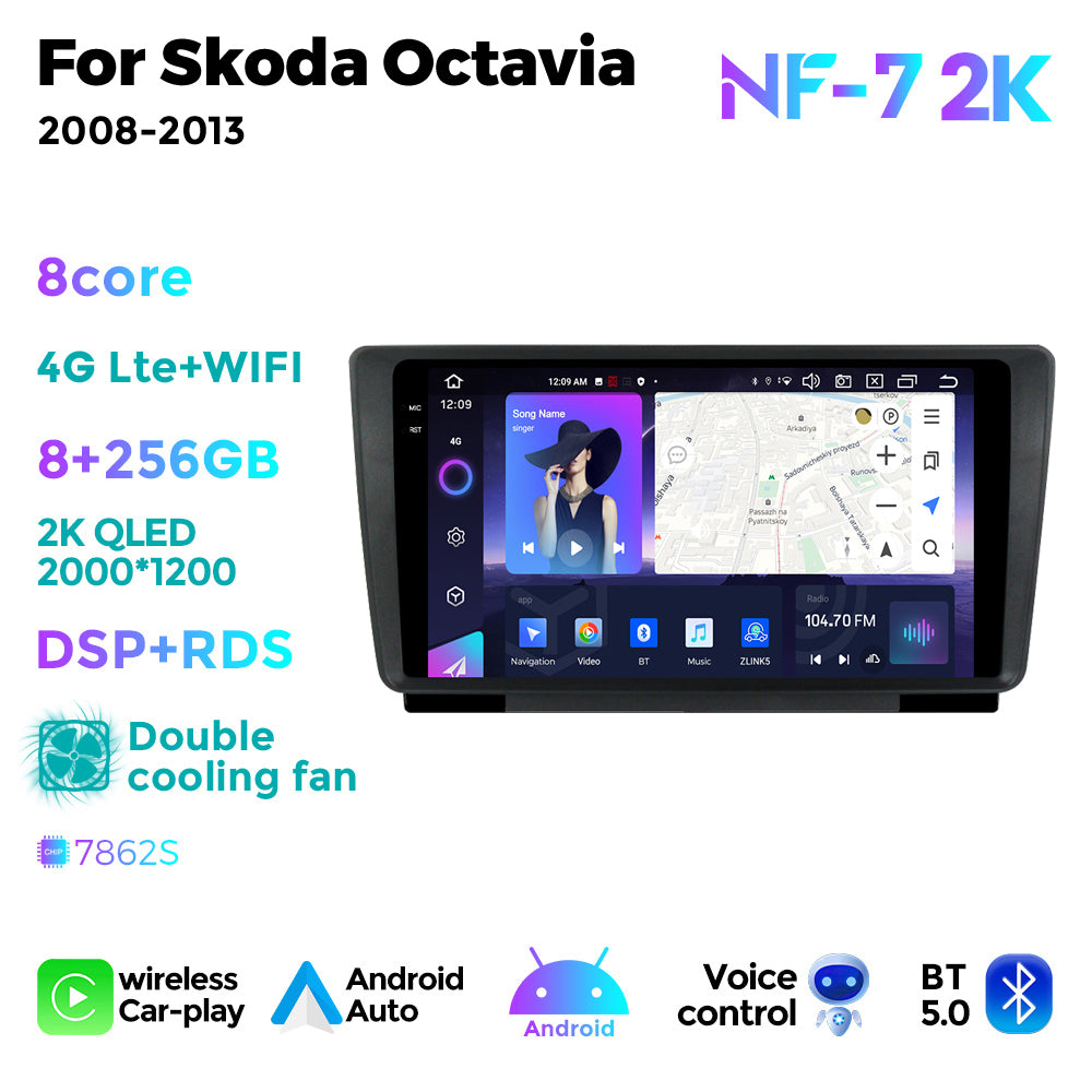 NaviFly NF Series Android 14 8G+256G 2K QLED screen CarPlay Auto DSP RDS 4GLte WIFI For Skoda Octavia 2008-2013 9inch