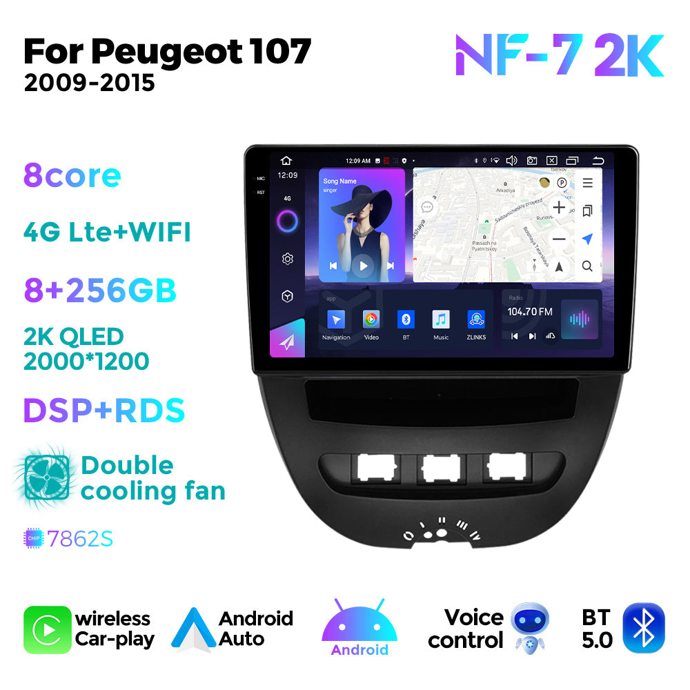 NaviFly NF Series Android 14 8G+256G 2K QLED screen CarPlay Auto DSP RDS 4GLte WIFI For Peugeot 107 2009-2015 10inch