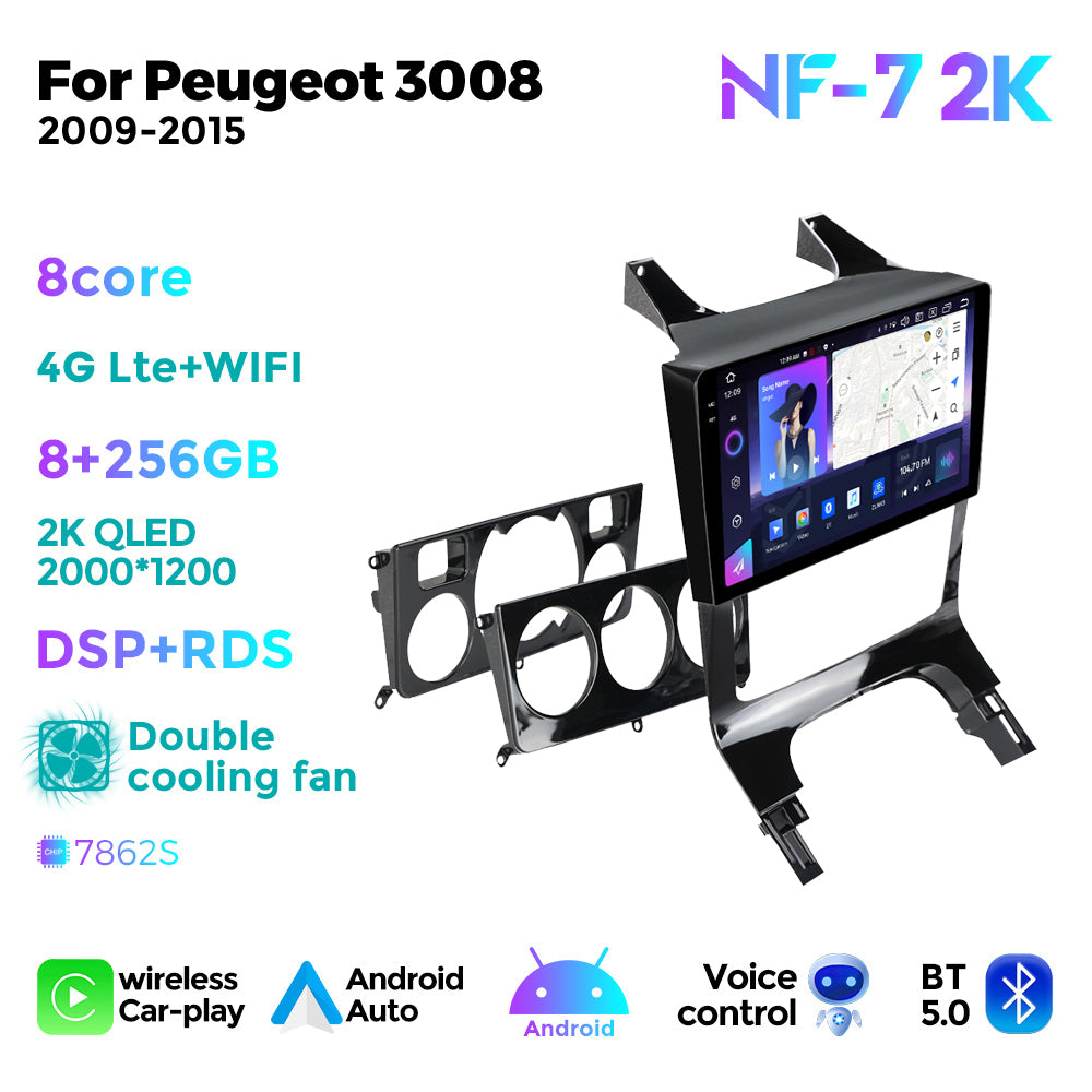 NaviFly NF Series Android 14 8G+256G 2K QLED screen CarPlay Auto DSP RDS 4GLte WIFI For Peugeot 3008 2009-2015 9inch