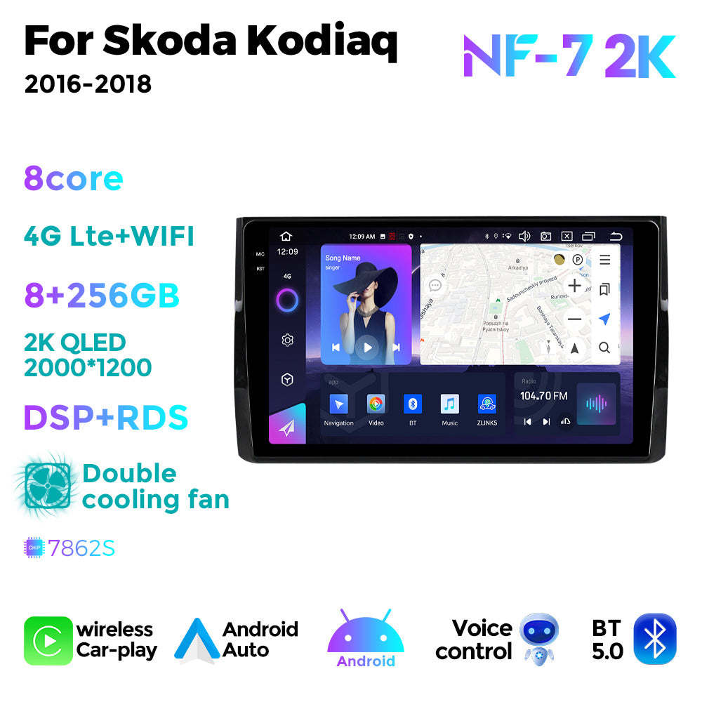 NaviFly NF Series Android 14 8G+256G 2K QLED screen CarPlay Auto DSP RDS 4GLte WIFI For Skoda Kodiaq 2016-2018 10inch