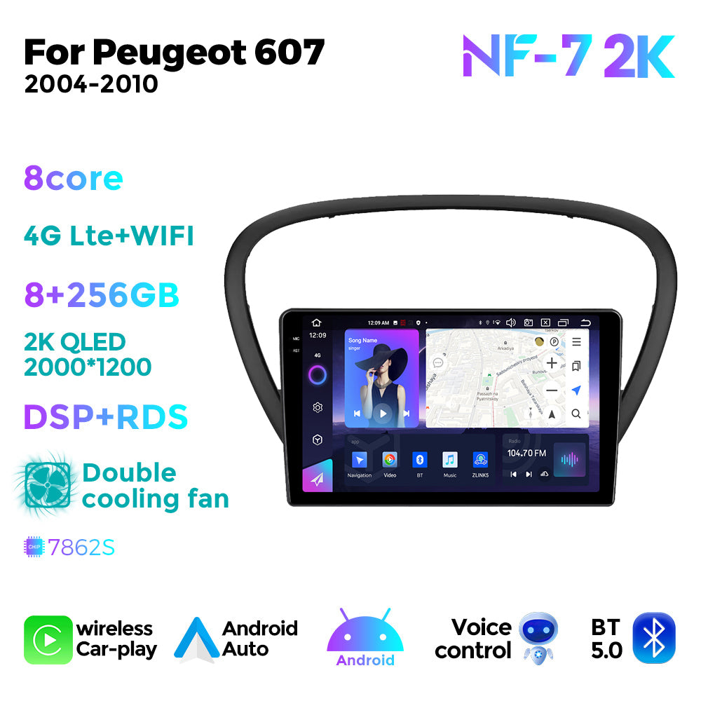 NaviFly NF Series Android 14 8G+256G 2K QLED screen CarPlay Auto DSP RDS 4GLte WIFI For Peugeot 607 2004-2010 9inch