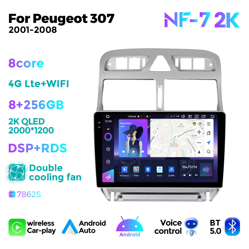 NaviFly NF Series Android 14 8G+256G 2K QLED screen CarPlay Auto DSP RDS 4GLte WIFI For Peugeot 307 2001-2008 9inch