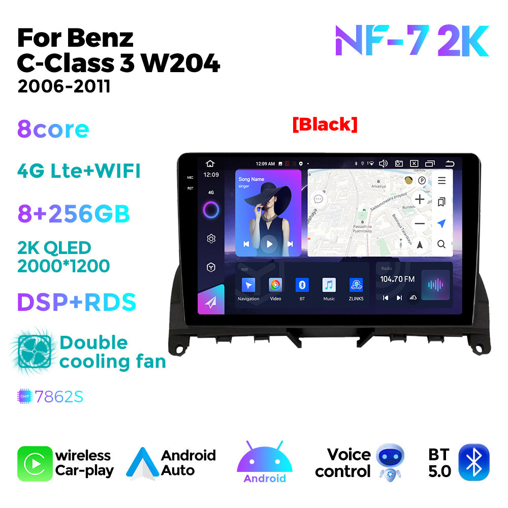 NaviFly NF Series Android 14 8G+256G 2K QLED screen CarPlay Auto DSP RDS 4GLte WIFI For Mercedes Benz C-Class 3 W204 2006-2011 9.5Inch