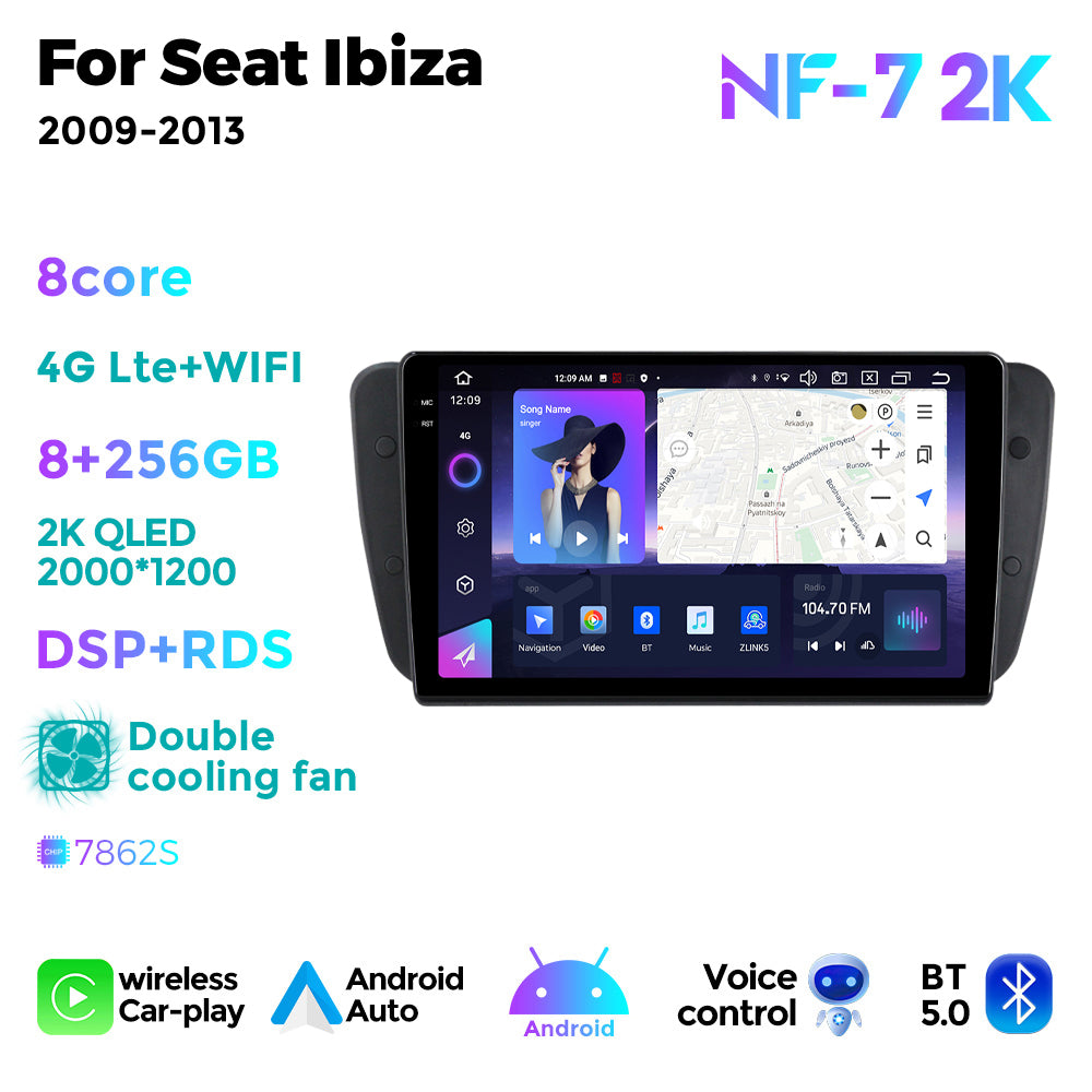 NaviFly NF Series Android 14 8G+256G 2K QLED screen CarPlay Auto DSP RDS 4GLte WIFI For Seat Ibiza 2009-2013 9inch