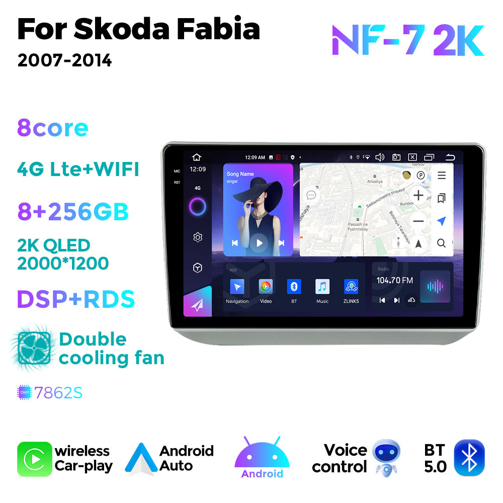 NaviFly NF Series Android 14 8G+256G 2K QLED screen CarPlay Auto DSP RDS 4GLte WIFI For Skoda Fabia 2007-2014 10inch