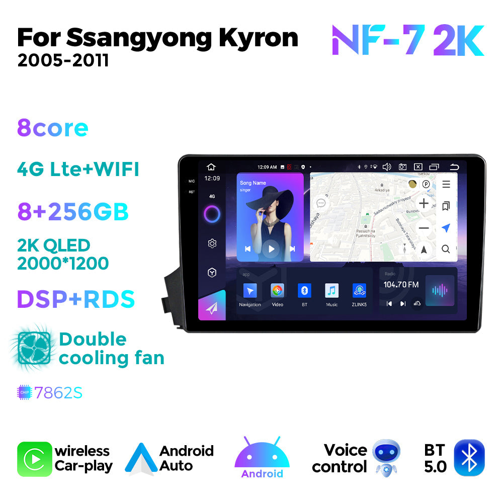 NaviFly NF Series Android 14 8G+256G 2K QLED screen CarPlay Auto DSP RDS 4GLte WIFI For Ssangyong Kyron 2005-2011 9inch
