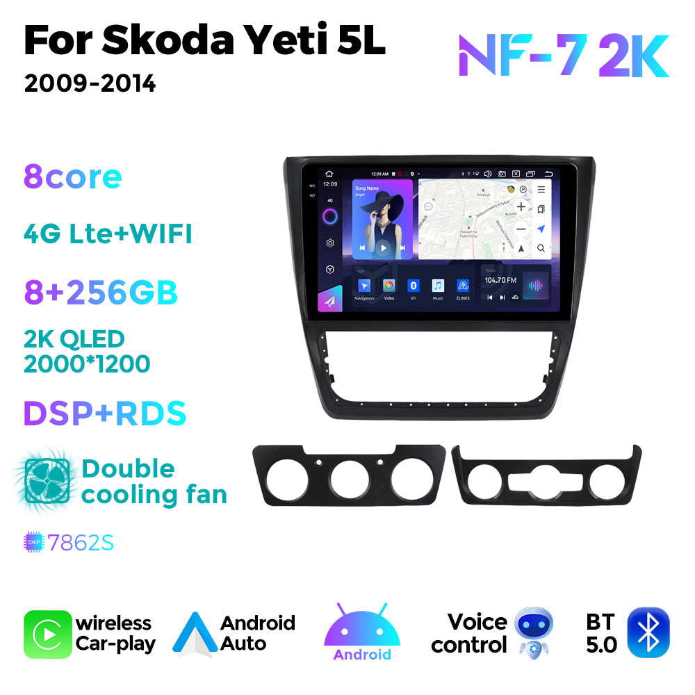 NaviFly NF Series Android 14 8G+256G 2K QLED screen CarPlay Auto DSP RDS 4GLte WIFI For Skoda Yeti 5L 2009-2014 10inch