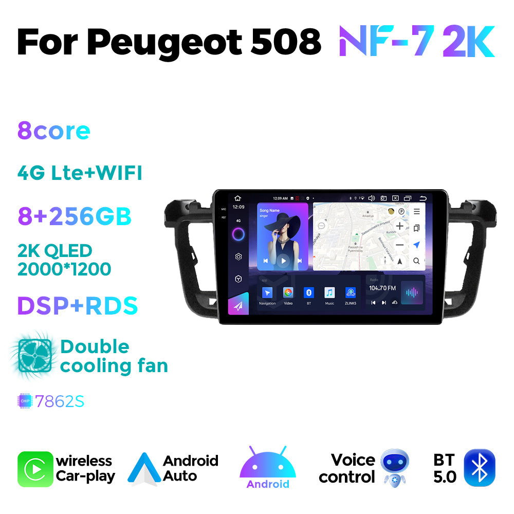 NaviFly NF Series Android 14 8G+256G 2K QLED screen CarPlay Auto DSP RDS 4GLte WIFI For Peugeot 508 9inch