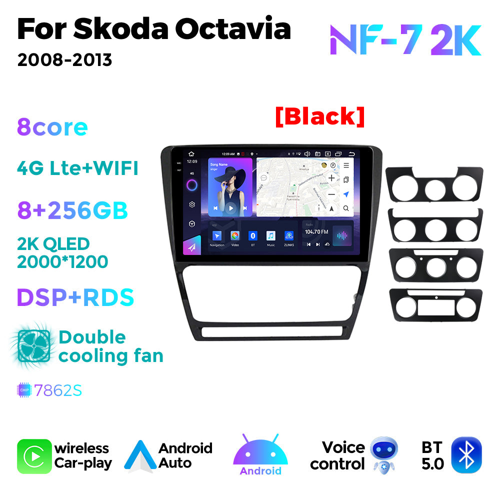 NaviFly NF Series Android 14 8G+256G 2K QLED screen CarPlay Auto DSP RDS 4GLte WIFI For Skoda Octavia 2008-2013 10inch Silver Black