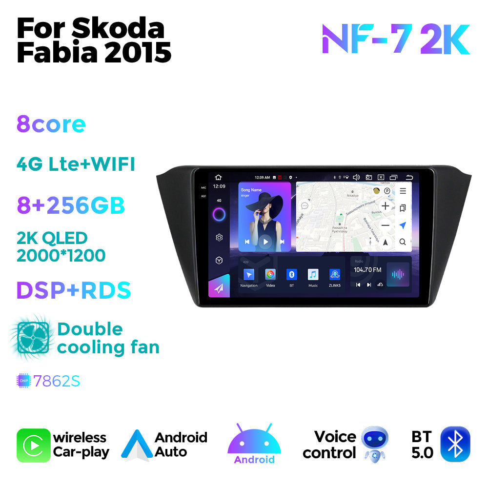 NaviFly NF Series Android 14 8G+256G 2K QLED screen CarPlay Auto DSP RDS 4GLte WIFI For Skoda Fabia 2015 10inch
