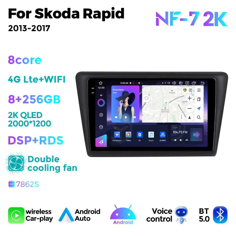 NaviFly NF Series Android 14 8G+256G 2K QLED screen CarPlay Auto DSP RDS 4GLte WIFI For Skoda Rapid 2013-2017 9inch