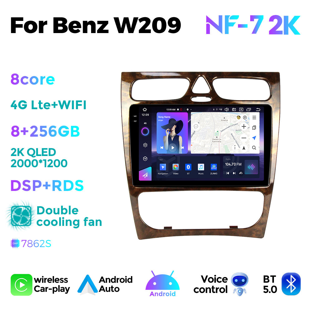 NaviFly NF Series Android 14 8G+256G 2K QLED screen CarPlay Auto DSP RDS 4GLte WIFI For Benz W209 9inch