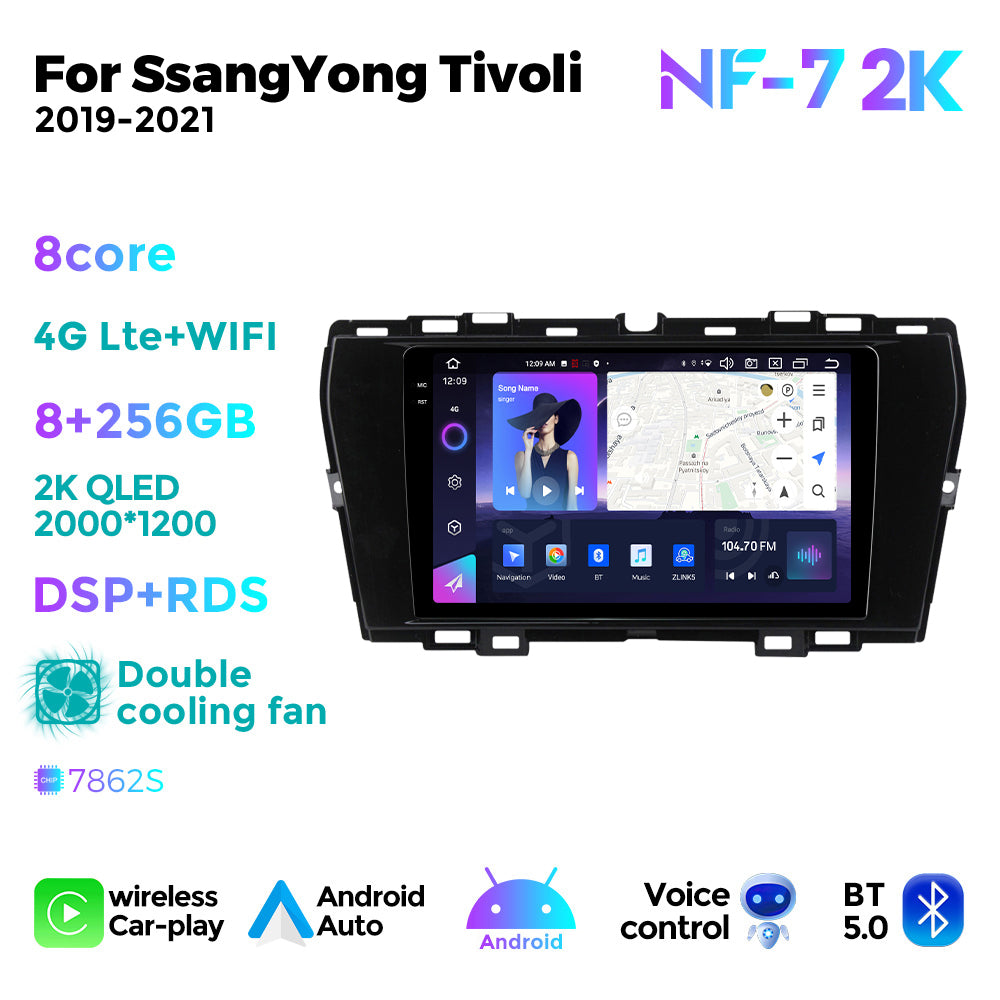 NaviFly NF Series Android 14 8G+256G 2K QLED screen CarPlay Auto DSP RDS 4GLte WIFI For SsangYong Tivoli 2019-2021 9inch