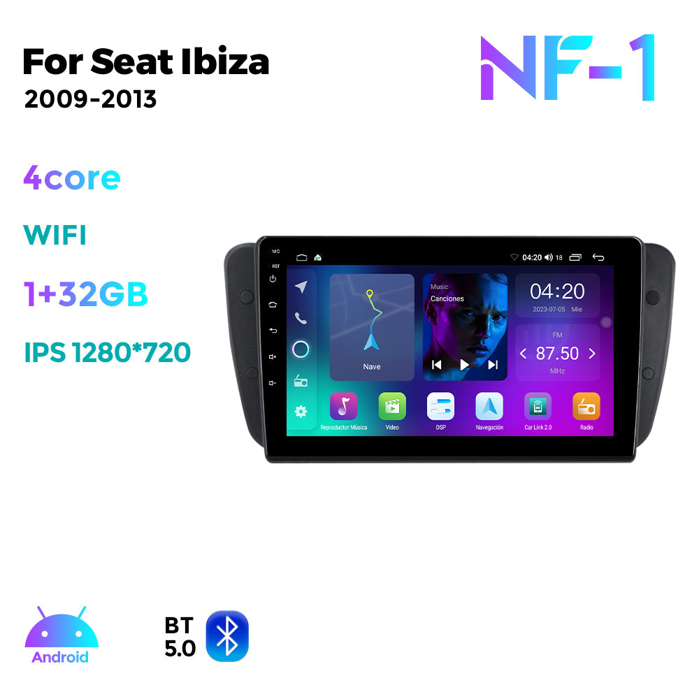 NaviFly NF Series Android 14 8G+256G 2K QLED screen CarPlay Auto DSP RDS 4GLte WIFI For Seat Ibiza 2009-2013 9inch