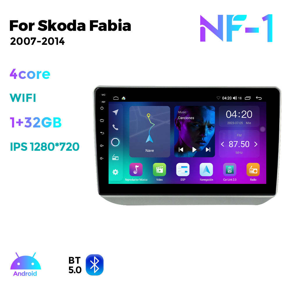 NaviFly NF Series Android 14 8G+256G 2K QLED screen CarPlay Auto DSP RDS 4GLte WIFI For Skoda Fabia 2007-2014 10inch