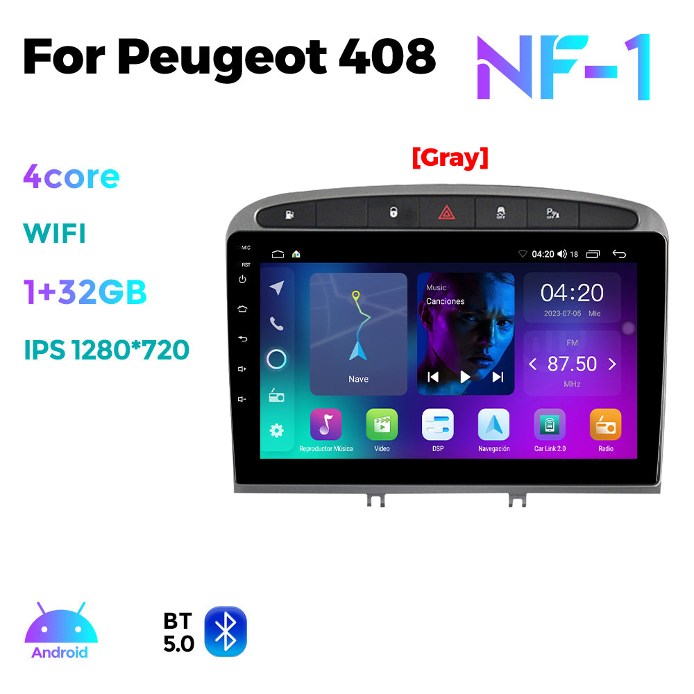 NaviFly NF Series Android 14 8G+256G 2K QLED screen CarPlay Auto DSP RDS 4GLte WIFI For Peugeot 408 9inch Gray Black