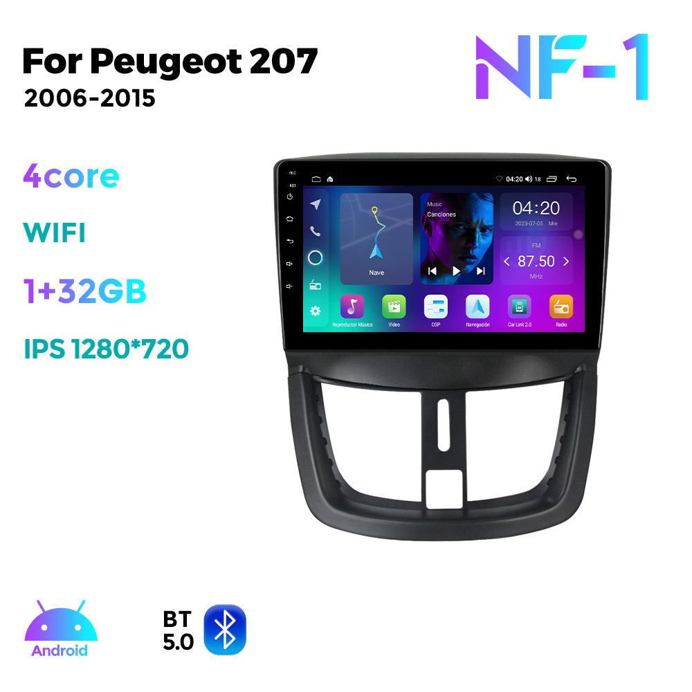 NaviFly NF Series Android 14 8G+256G 2K QLED screen CarPlay Auto DSP RDS 4GLte WIFI For Peugeot 207 2006-2015 9inch