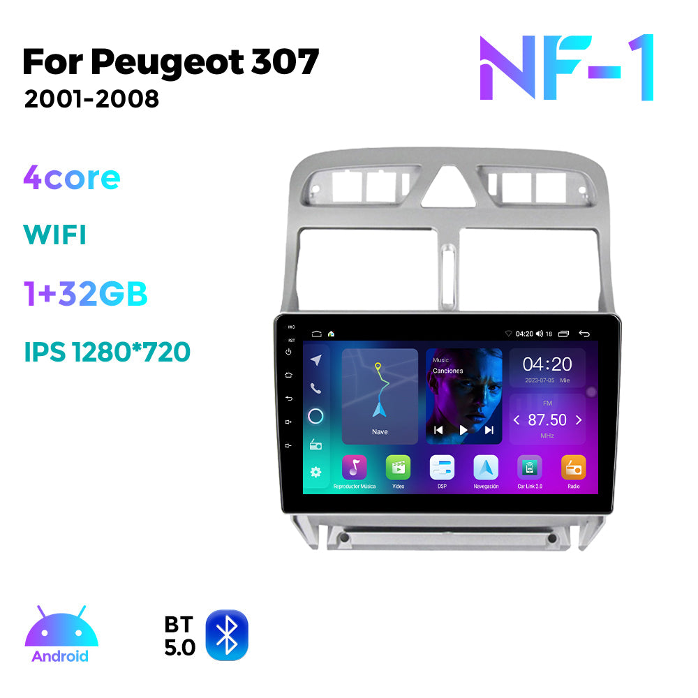 NaviFly NF Series Android 14 8G+256G 2K QLED screen CarPlay Auto DSP RDS 4GLte WIFI For Peugeot 307 2001-2008 9inch