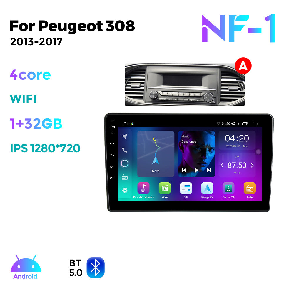 NaviFly NF Series Android 14 8G+256G 2K QLED screen CarPlay Auto DSP RDS 4GLte WIFI For Peugeot 308 2013-2017-AB 9inch