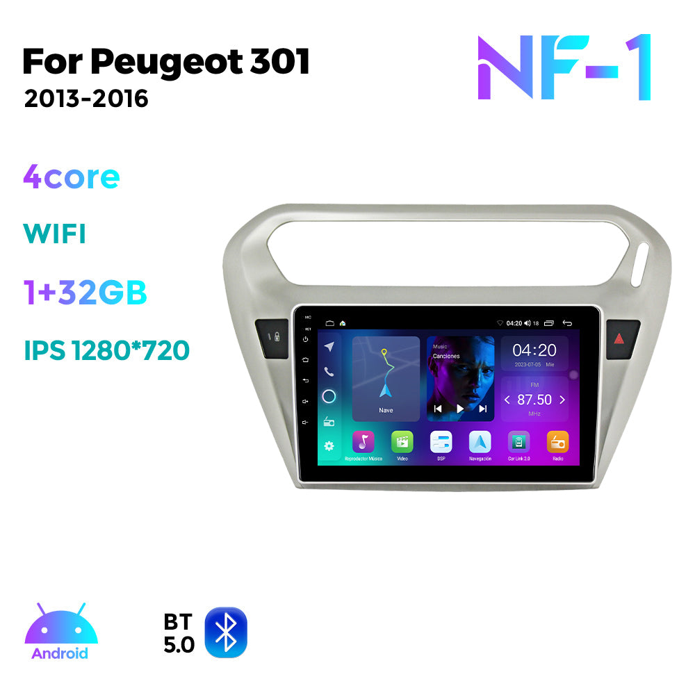 NaviFly NF Series Android 14 8G+256G 2K QLED screen CarPlay Auto DSP RDS 4GLte WIFI For Peugeot 301 2013-2016 9inch