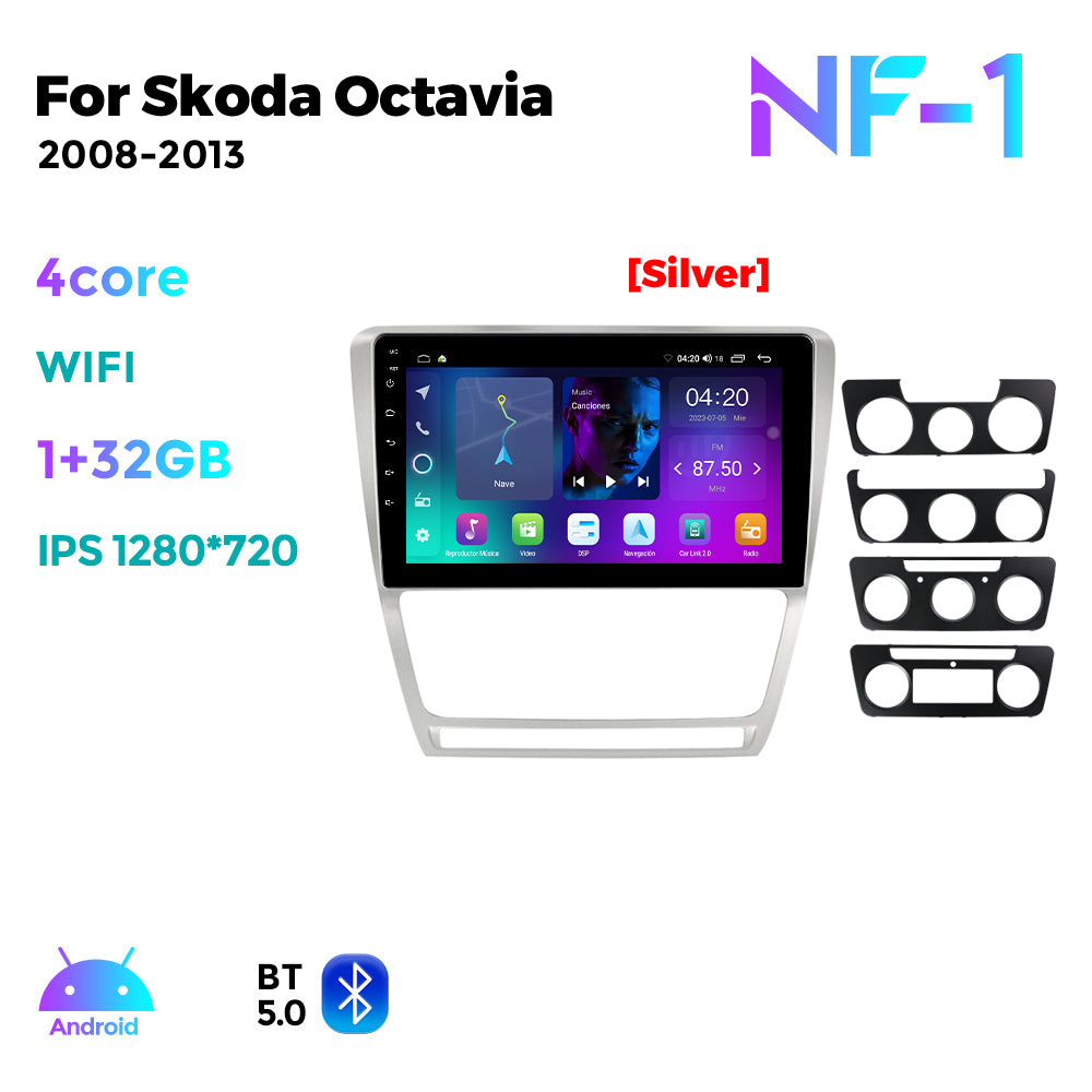 NaviFly NF Series Android 14 8G+256G 2K QLED screen CarPlay Auto DSP RDS 4GLte WIFI For Skoda Octavia 2008-2013 10inch Silver Black