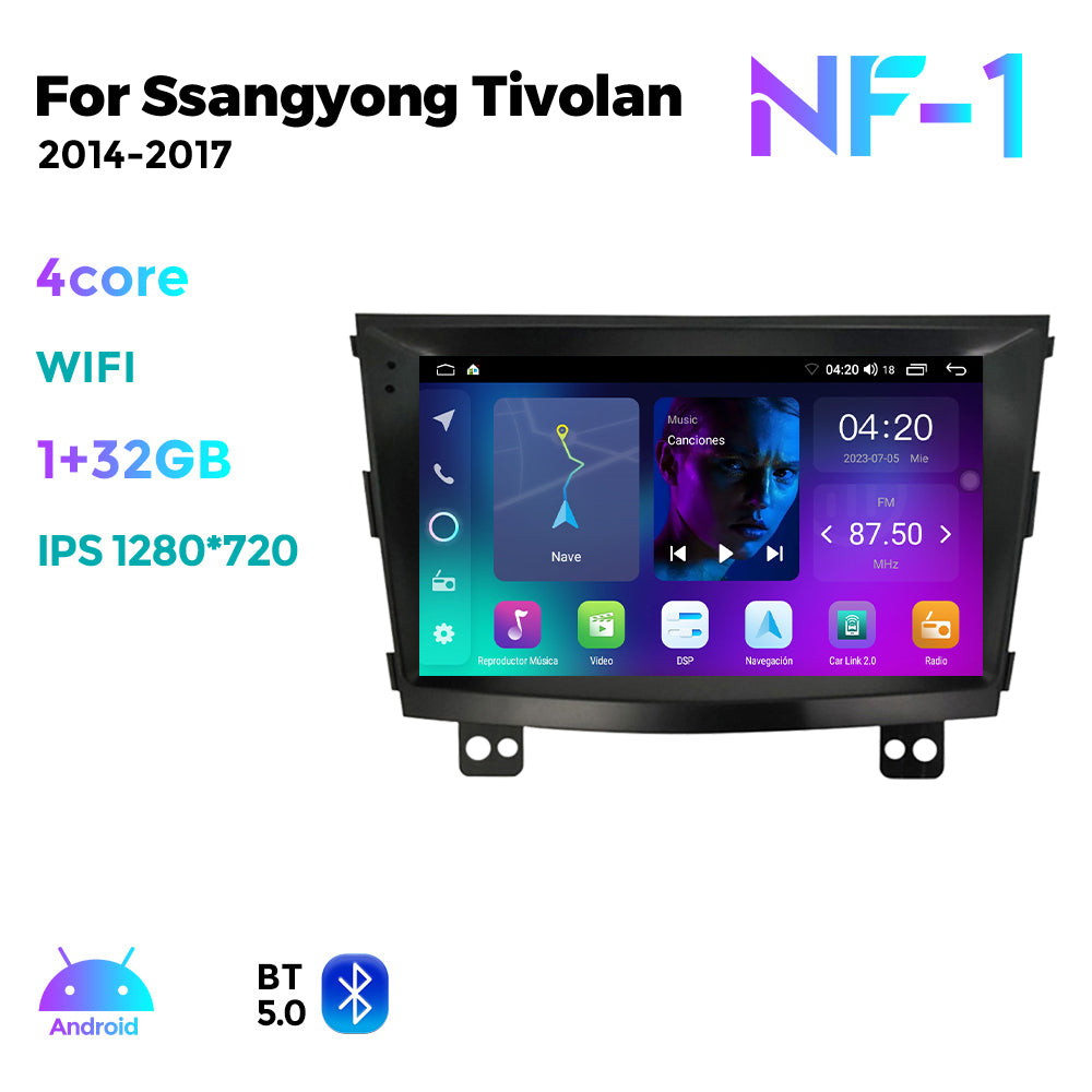 NaviFly NF Series Android 14 8G+256G 2K QLED screen CarPlay Auto DSP RDS 4GLte WIFI For Ssangyong Tivolan 2014-2017 9inch