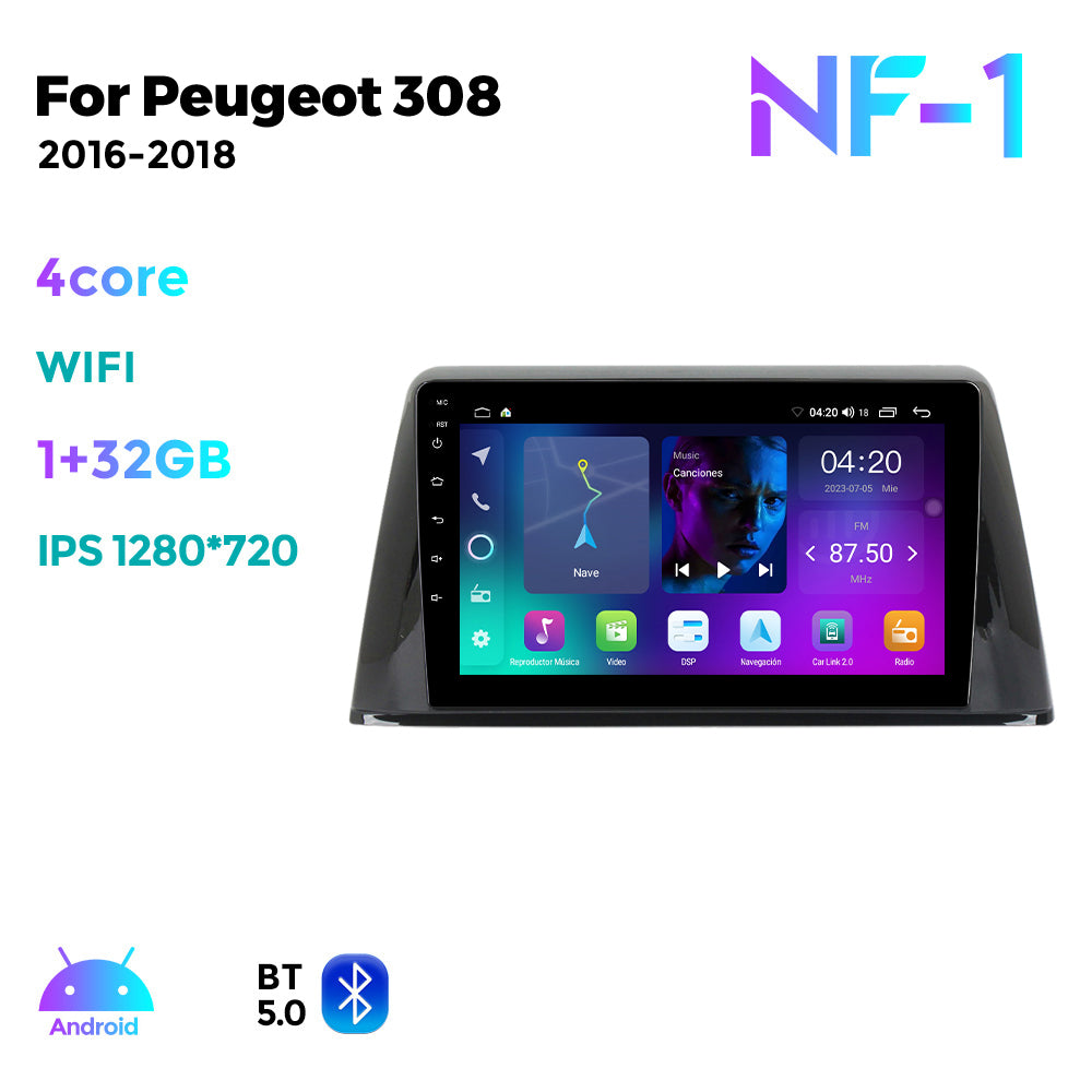 NaviFly NF Series Android 14 8G+256G 2K QLED screen CarPlay Auto DSP RDS 4GLte WIFI For Peugeot 308 2016-2018 9inch