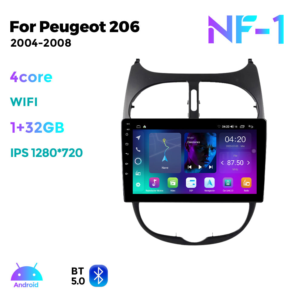 NaviFly NF Series Android 14 8G+256G 2K QLED screen CarPlay Auto DSP RDS 4GLte WIFI For Peugeot 206 2004-2008 9inch