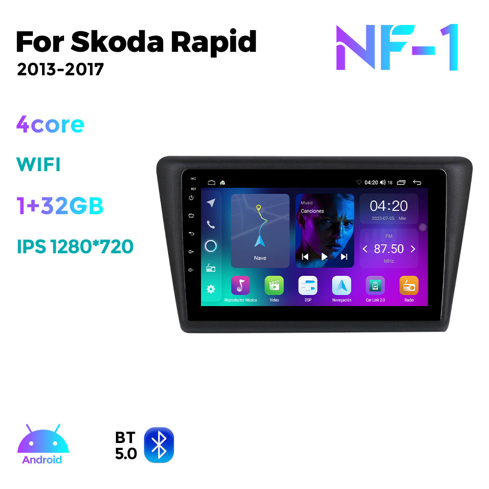 NaviFly NF Series Android 14 8G+256G 2K QLED screen CarPlay Auto DSP RDS 4GLte WIFI For Skoda Rapid 2013-2017 9inch