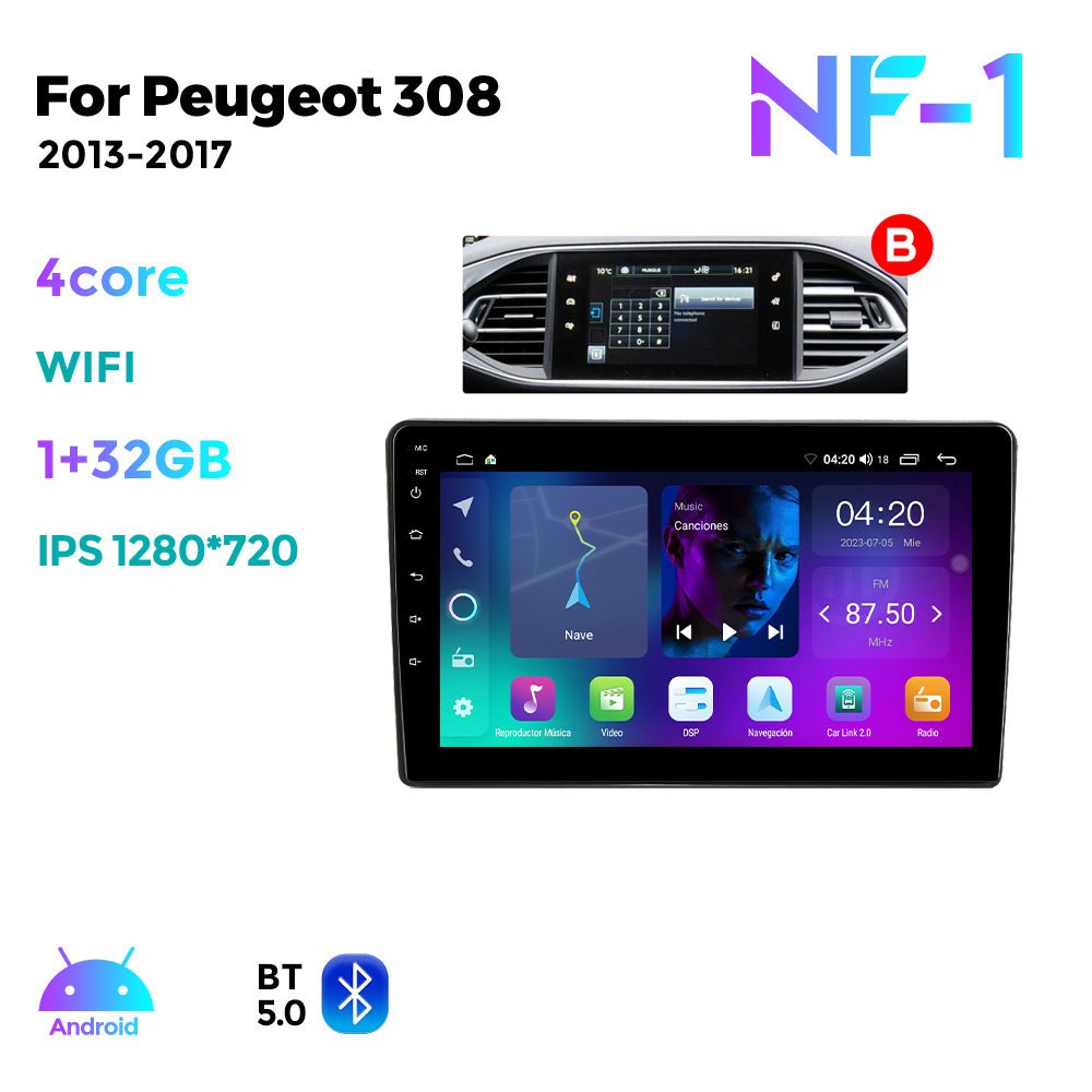 NaviFly NF Series Android 14 8G+256G 2K QLED screen CarPlay Auto DSP RDS 4GLte WIFI For Peugeot 308 2013-2017-AB 9inch
