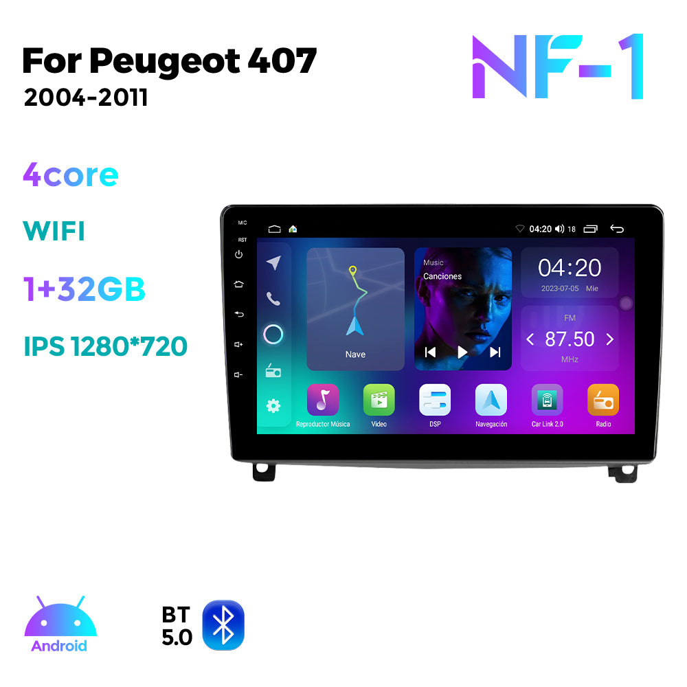 NaviFly NF Series Android 14 8G+256G 2K QLED screen CarPlay Auto DSP RDS 4GLte WIFI For Peugeot 407 2004-2011 9inch