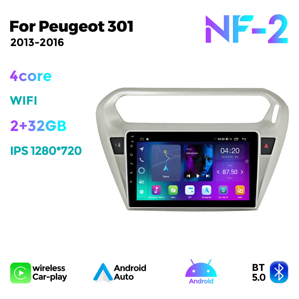 NaviFly NF Series Android 14 8G+256G 2K QLED screen CarPlay Auto DSP RDS 4GLte WIFI For Peugeot 301 2013-2016 9inch