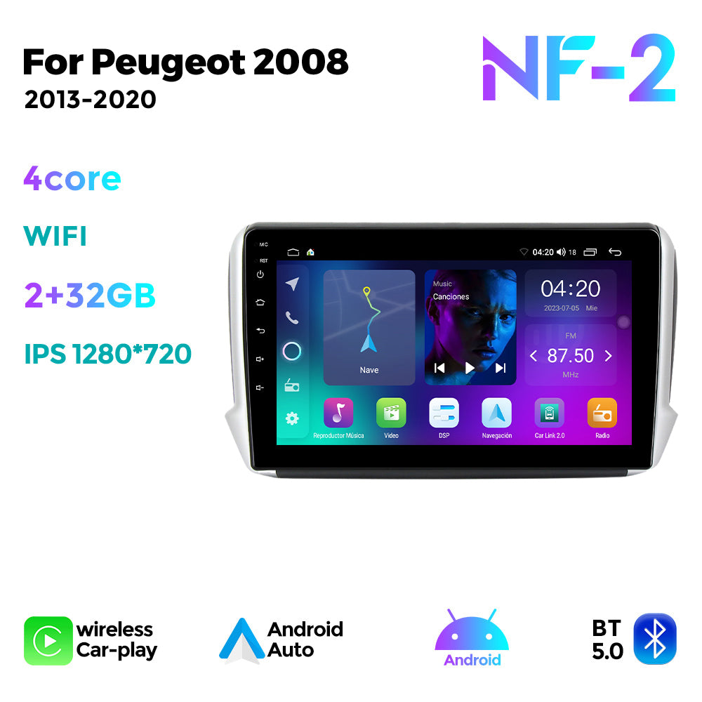 NaviFly NF Series Android 14 8G+256G 2K QLED screen CarPlay Auto DSP RDS 4GLte WIFI For Peugeot 2008 2013-2020 10inch