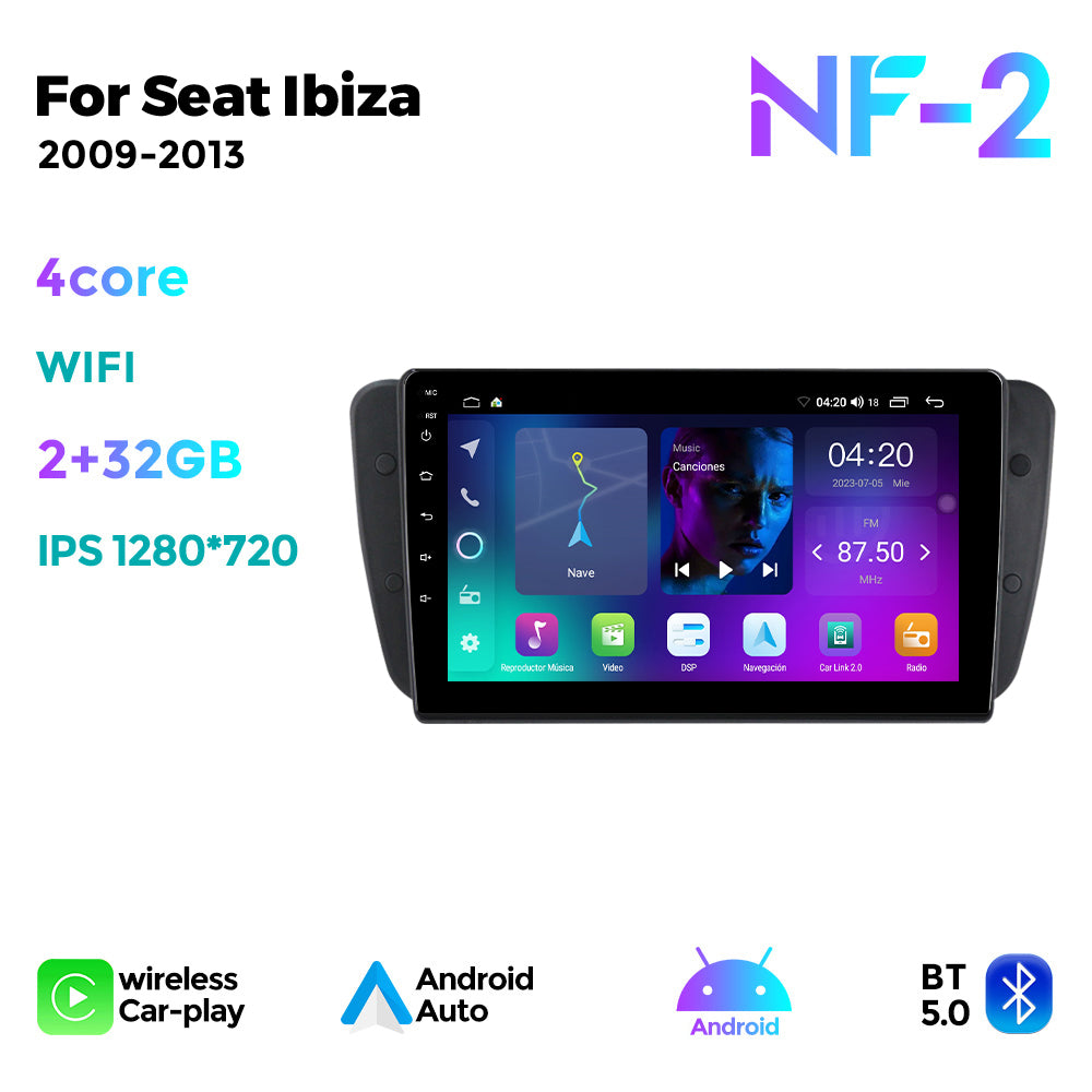 NaviFly NF Series Android 14 8G+256G 2K QLED screen CarPlay Auto DSP RDS 4GLte WIFI For Seat Ibiza 2009-2013 9inch