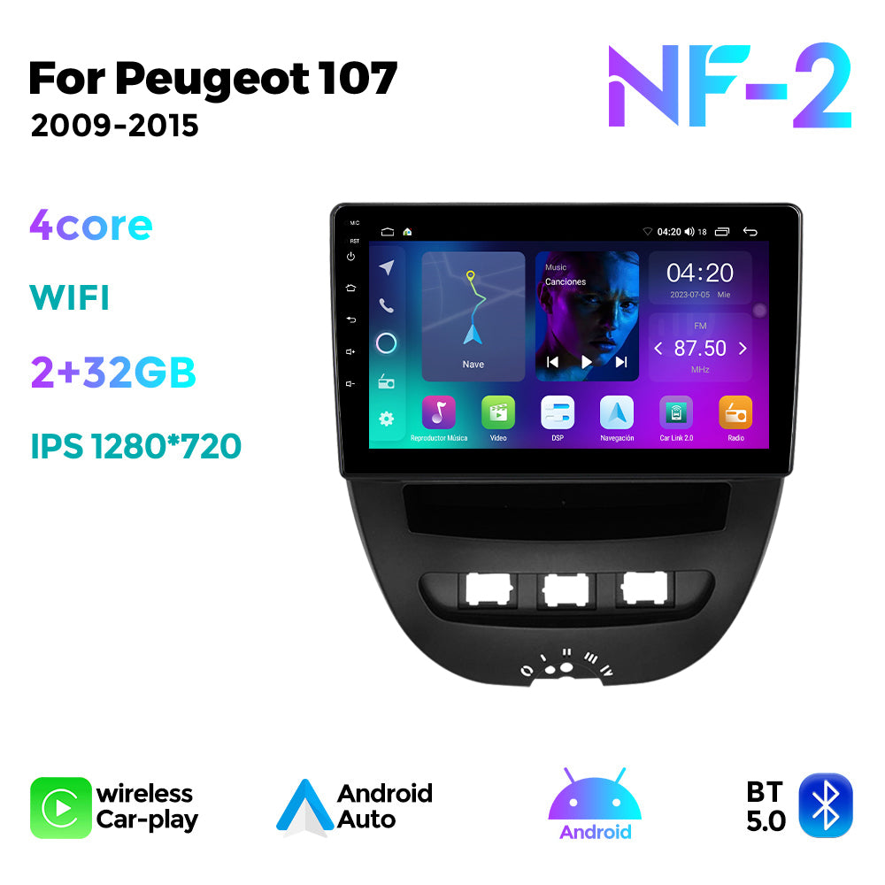 NaviFly NF Series Android 14 8G+256G 2K QLED screen CarPlay Auto DSP RDS 4GLte WIFI For Peugeot 107 2009-2015 10inch