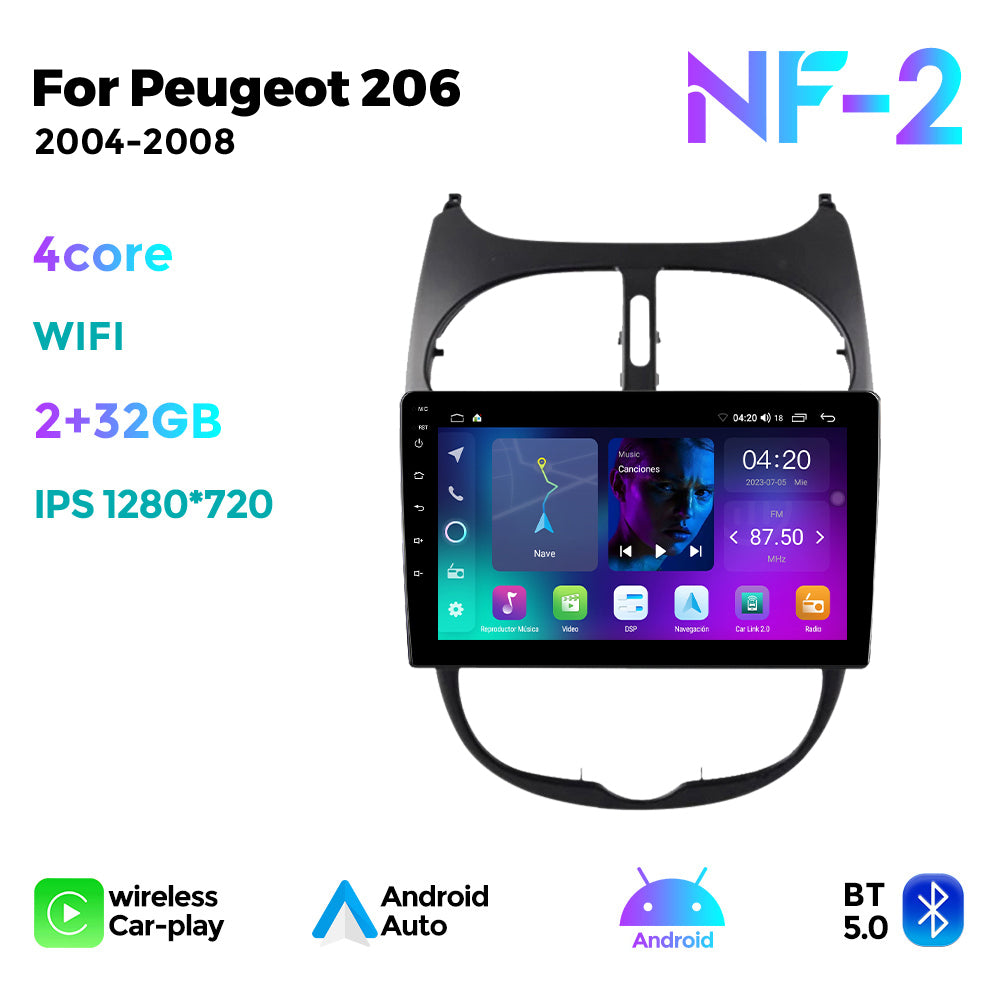 NaviFly NF Series Android 14 8G+256G 2K QLED screen CarPlay Auto DSP RDS 4GLte WIFI For Peugeot 206 2004-2008 9inch