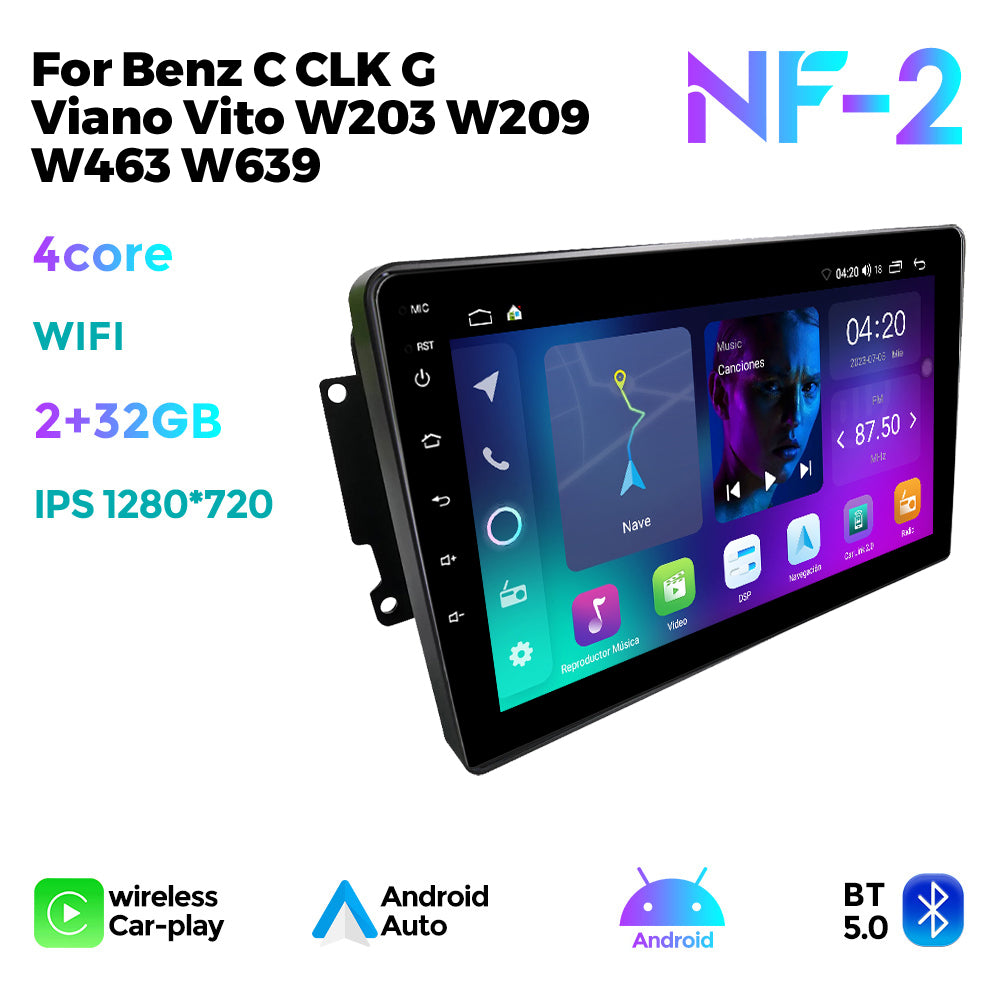 NaviFly NF Series Android 14 8G+256G 2K QLED screen CarPlay Auto DSP RDS 4GLte WIFI For Benz C CLK G Viano Vito W203 W209  W463 W639 9inch