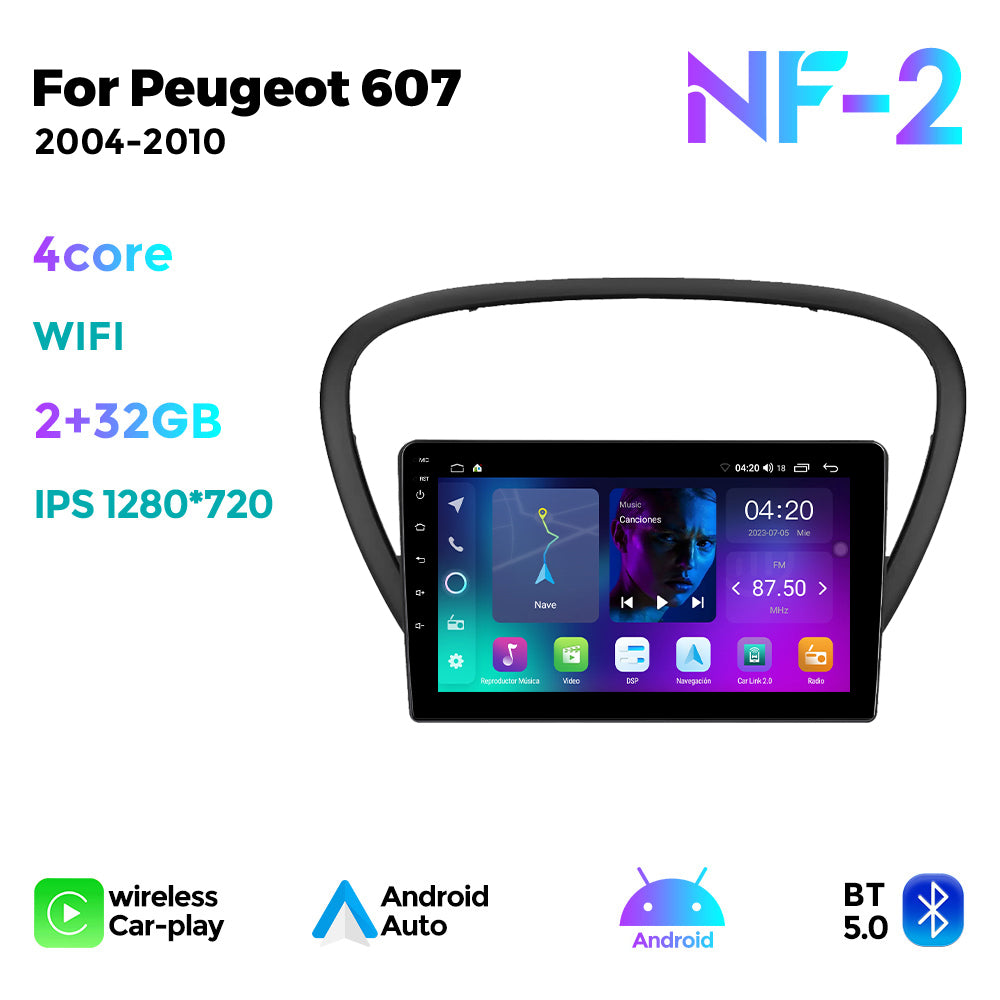 NaviFly NF Series Android 14 8G+256G 2K QLED screen CarPlay Auto DSP RDS 4GLte WIFI For Peugeot 607 2004-2010 9inch