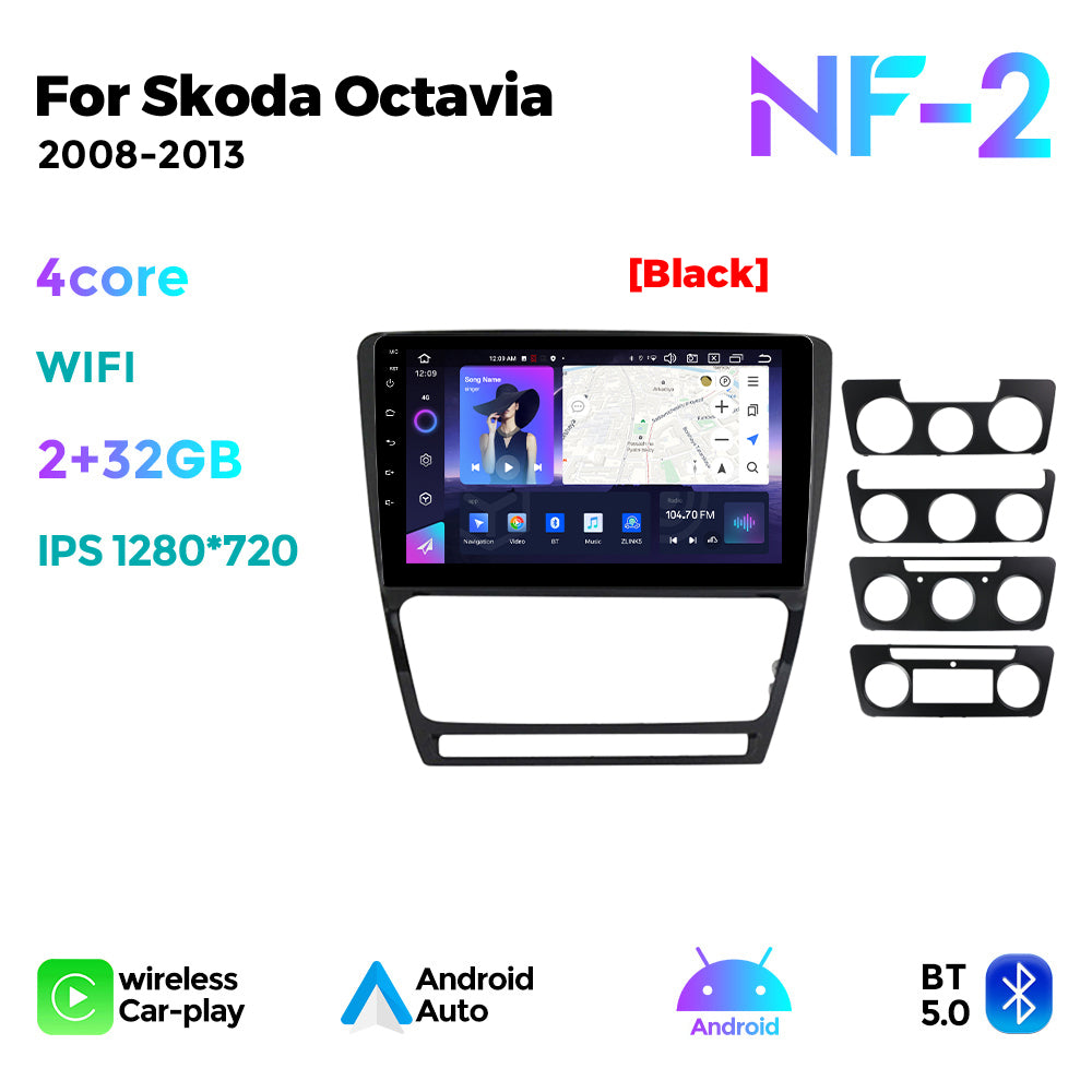 NaviFly NF Series Android 14 8G+256G 2K QLED screen CarPlay Auto DSP RDS 4GLte WIFI For Skoda Octavia 2008-2013 10inch Silver Black