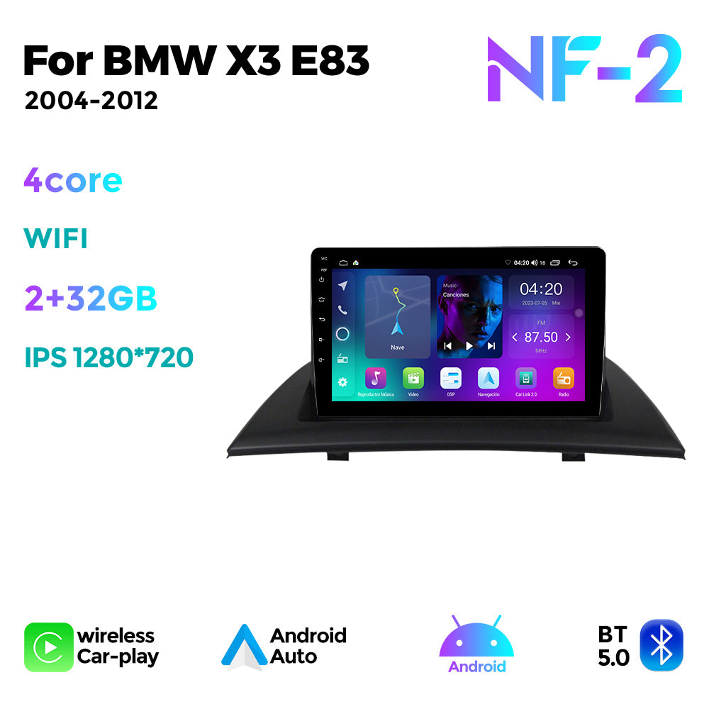 NaviFly NF Series Android 14 8G+256G 2K QLED screen CarPlay Auto DSP RDS 4GLte WIFI For BMW X3 E83 2004-2012 9inch