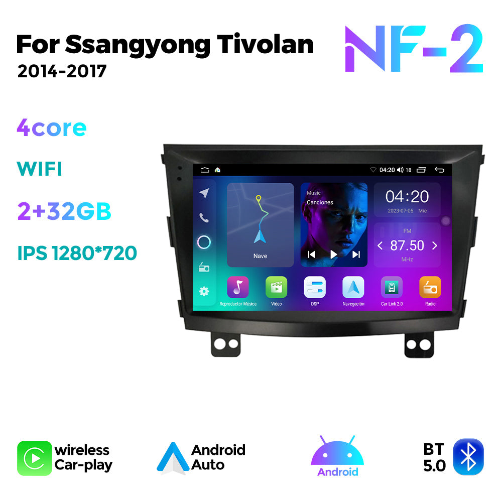 NaviFly NF Series Android 14 8G+256G 2K QLED screen CarPlay Auto DSP RDS 4GLte WIFI For Ssangyong Tivolan 2014-2017 9inch