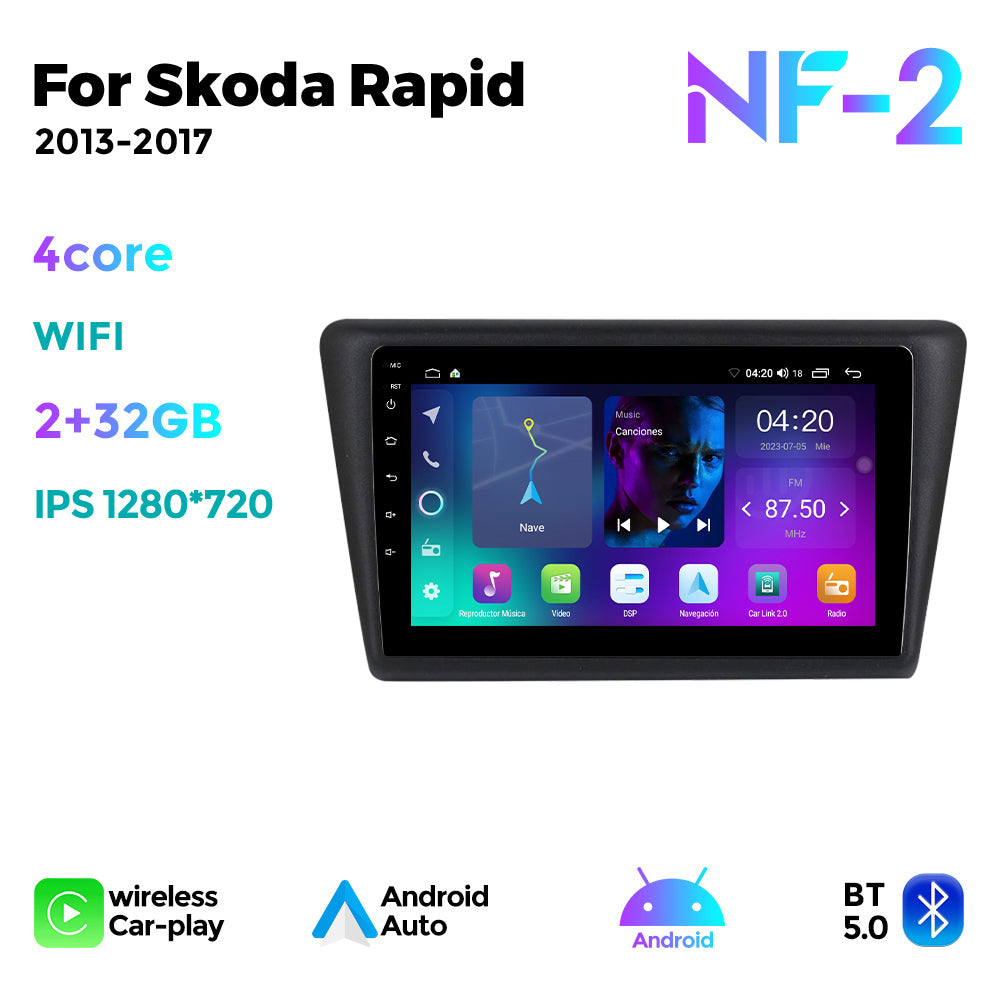 NaviFly NF Series Android 14 8G+256G 2K QLED screen CarPlay Auto DSP RDS 4GLte WIFI For Skoda Rapid 2013-2017 9inch