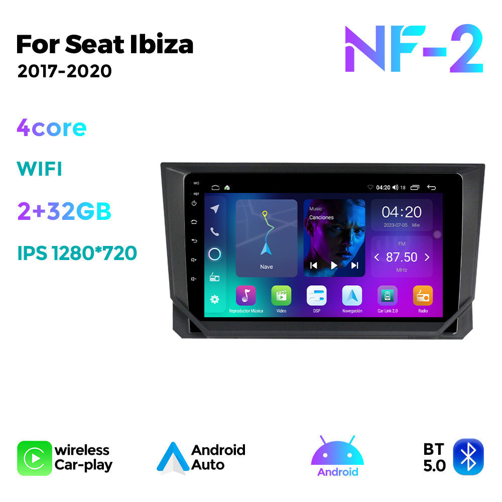 NaviFly NF Series Android 14 8G+256G 2K QLED screen CarPlay Auto DSP RDS 4GLte WIFI For Seat Ibiza 2017-2020 9inch