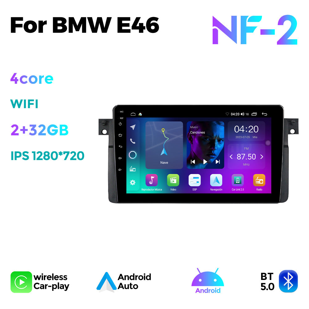 NaviFly NF Series Android 14 8G+256G 2K QLED screen CarPlay Auto DSP RDS 4GLte WIFI For BMW E46 9inch